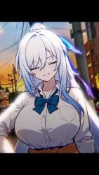 1boy 2girls acheron_(honkai:_star_rail) big_breasts caelus_(honkai:_star_rail) female honkai:_star_rail jingliu_(honkai:_star_rail) jojo_reference male mem_(honkai:_star_rail) rabbit.nya school_uniform tagme video