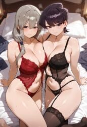 2025 ai_generated alternate_version_available amogussusus babydoll bed bed_sheet big_breasts blush breast_to_breast breasts cleavage crossover docking garter_straps indoors komi-san_wa_komyushou_desu komi_shuuko looking_at_viewer lying lying_on_bed mature mature_female milf open_eyes purple_eyes purple_hair stockings sweat sweatdrop thighs uzaki-chan_wa_asobitai! uzaki_tsuki