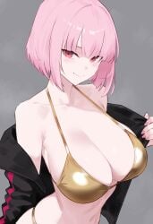 absurdres alternate_costume bare_shoulders bikini black_jacket bluefield blunt_bangs breasts cleavage closed_mouth commentary female gold_bikini golden_week grey_background halterneck highres hololive hololive_english jacket large_breasts looking_at_viewer mori_calliope nail_polish navel off_shoulder open_clothes open_jacket pink_eyes pink_hair pink_nails short_hair simple_background smile solo string_bikini swimsuit virtual_youtuber