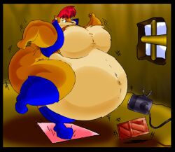 00s 2000s 2007 anthro bbw belly big_belly big_breasts blue_clothing breasts brown_body brown_fur chipmunk clothing female fur ground_squirrel huge_belly inside mammal overweight red_hair rodent sally_acorn sciurid sega simple_background solo sonic_(series) sonic_the_hedgehog_(series) tree_squirrel virus-20