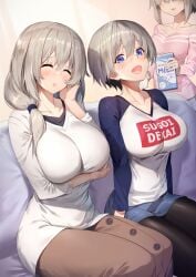 3girls arm_under_breasts blouse blush box breasts brown_skirt buttons carton closed_eyes clothes_writing collarbone couch denim denim_skirt grey_hair hair_between_eyes hair_over_shoulder highres huge_breasts large_breasts long_hair long_sleeves looking_at_viewer mature_female milk_carton mother_and_daughter multiple_girls oerba_yun_fang open_mouth pantyhose raglan_sleeves raijuu_(bakanara) shirt short_hair siblings sisters sitting skin_fang skirt smile sugoi_dekai taut_clothes taut_shirt uzaki-chan_wa_asobitai! uzaki_hana uzaki_tsuki uzaki_yanagi white_shirt
