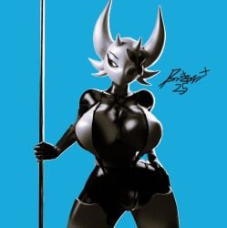 2025 3d_(artwork) anthro arthropod big_breasts bikini black_and_white blender_(artwork) blue_background breasts clothing digital_media_(artwork) domizoni female hi_res hollow_knight lampy_(azura_inalis) melee_weapon monochrome one-piece_swimsuit pinup polearm pose simple_background sling_bikini solo spear swimwear team_cherry two-piece_swimsuit weapon wide_hips