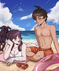 1boy 1girls ass beach beach_background beach_towel breasts brown_hair crab danganronpa danganronpa_2:_goodbye_despair eddieb0nes embarrassed embarrassed_male female hair_tie hair_tied hinata_hajime laying_down laying_on_floor laying_on_stomach long_hair male purple_eyes purple_hair romantic romantic_ambiance short_hair smile smiling tagme tsumiki_mikan