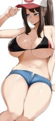 baseball_cap bikini bikini_top_only black_bikini blue_eyes blush breasts brown_hair cleavage closed_mouth denim denim_shorts female hat high_ponytail highres hilda_(pokemon) large_breasts long_hair navel nintendo pokemon pokemon_bw ponytail short_shorts shorts sidelocks solo stomach swimsuit thighs yuuyuu_(yuuki1771)