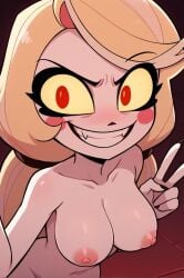 1girls ai_generated big_eyes black_eyebrows blonde_female blonde_hair blonde_hair_female blush blushed blushing_female breasts charlie_morningstar_(hazbin_hotel) dark-red_background dark_eyebrows demon demon_girl evil_face eyebrow_raise fangs female hazbin_hotel kuro-ai light-skin light-skinned_female light_skinned_female long_blonde_hair long_fingernails long_hair long_hair_female long_nails medium_breasts nude nude_female pale-skinned_female pale_skin pale_skin_female peace_sign peace_symbol pink-nipples pink_nipples pov raised_eyebrow red_eyes red_tongue shades simple-background simple_background small_fangs solo_focus tagme tall_female tall_woman taller_female taller_girl taller_woman teeth tied_hair tongue very_long_hair white_skin white_teeth