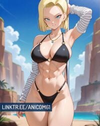 2025 ai_generated android18dx android_18 anicom61 anime belly black_bikini blonde_eyebrows blonde_female blonde_girl blonde_hair_female blue_eyes blue_necklace collar crunchyroll dragon_ball dragon_ball_gt dragon_ball_super dragon_ball_z golden_earrings holding_weapon instagram looking_at_viewer manga meta muscular_belly namek necklace not_porn smile_at_viewer smiling_at_viewer teeth_showing toei_animation tummy white_handwear