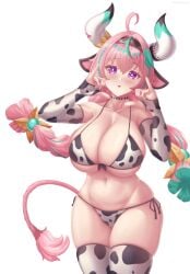 ahoge animal_print aqua_hair bare_shoulders bikini blush breasts collarbone commentary cow_horns cow_print cow_print_bikini cow_print_gloves cow_print_thighhighs cow_tail danndy danndy elbow_gloves english_commentary female genshin_impact gloves hair_between_eyes hands_up highres horns large_breasts long_hair looking_at_viewer multicolored_hair navel parted_lips pink_hair print_bikini print_gloves print_thighhighs purple_eyes side-tie_bikini_bottom simple_background solo stomach streaked_hair swimsuit tail thighhighs varesa_(genshin_impact) very_long_hair white_background