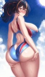 absurdres ass back_cutout black_hair blue_one-piece_swimsuit blue_sky breasts butt_crack clothing_cutout cloud danndy day female from_behind grabbing_own_ass highres huge_ass large_breasts looking_at_viewer looking_back multicolored_hair nape nipple_slip nipples one-piece_swimsuit ponytail red_hair sky solo streaked_hair sun swimsuit wardrobe_malfunction wavy_mouth wet zenless_zone_zero zhu_yuan
