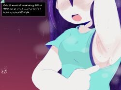 aged_up armpit armpit_fetish armpit_peek armpits arms_up aubrey_(headspace) aubrey_(omori) blush breasts clothes_pull dialogue female greenstar omori purple_hair shaved_armpit small_breasts steam sweat sweating swimsuit_pull
