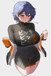 absurdres belle_(zenless_zone_zero) black_shirt blue_hair blush breasts cropped_legs crossed_bangs earrings female fingerless_gloves gloves green_eyes grey_background grey_skirt hair_ornament high-waist_skirt highres jewelry large_breasts letter_hair_ornament off_shoulder open_mouth orange_gloves sanfu_(sanfu9800) shirt short_hair simple_background single_fingerless_glove skirt sleeveless sleeveless_jacket solo text_print zenless_zone_zero