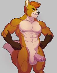 1boy 2017 abs anthro balls biceps big_tail biped black_nose blue_eyes brown_fur brown_markings canine countershade_face countershade_torso countershading digital_media_(artwork) dipstick_tail erection eyebrows facial_markings fox front_view fur gloves_(marking) grey_background hair hands_on_hips hi_res humanoid_penis knuxlight male male_only mammal markings multicolored_fur multicolored_tail muscular muscular_male nipples nude orange_hair pecs penis pepsi_(fa) phillip_locker pink_nipples pink_penis portrait quads short_hair simple_background smile snout solo standing teeth three-quarter_portrait two_tone_tail uncut white_balls white_countershading white_fur white_tail yellow_fur yellow_tail