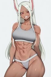 1girls abs ai_generated bra brown-skinned_female brown_skin grey_bra grey_panties muscular muscular_female my_hero_academia panties rabbit_ears rumi_usagiyama solo sports_bra underwear white_hair zloimakak