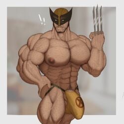 1boy barely_visible_genitalia barely_visible_penis beard bearded big_bulge big_pecs big_penis blades blurry_background body_hair bulge bulge_through_clothing claws claws_out clothing_too_small exclamation_point fleshformomo hairy hairy_body hairy_male hand_on_butt hand_on_hip human jockstrap male male_focus male_only marvel mask mask_on_head masked masked_male muscular muscular_male pubic_hair solo solo_male standing thong too_small_clothes underwear veiny veiny_muscles visible_balls visible_penis visible_penis_shape wolverine x-men