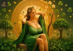 ai_generated animated animated big_breasts blonde_hair circlet curvy ezkiel_trove fantasy first_person_view four_leaf_clover goddess halo huge_breasts long_hair looking_at_viewer medallion original_character realistic robes tree tree_stump voluptuous