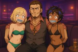 1boy 2girls ai_generated arms_behind_back bikini duct_tape duct_tape_gag female first_porn_of_character first_porn_of_franchise giovanni_lombardi inescapable:_no_rules_no_rescue lumi_ndiyae male mia_strauss strapless_bikini