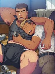2boys abs arm_hair armpit_hair armpits arms_up bara beard_stubble beer beer_bottle biceps big_bulge big_hands blonde_hair blush brown_hair bulge bulge_through_clothing chest_hair closed_eyes daddy dark_skin dilf dirty_clothing drooling drunk dyed_hair ear_piercing earrings futase_hikaru gay hand_on_back hands_behind_head hi_res holding_object indoors leg_hair lunatique lying lying_on_back lying_on_side male male_only mature_male messy mohawk muscles muscular muscular_arms muscular_male open_mouth original original_character pecs pierced_ears piercing saliva saliva_trail shaved_side short_hair sleeping sleeping_together sofa spread_legs sweat sweatdrop tan tan_body tanktop tanline thick_eyebrows tissue used_tissue veiny_arms wooden_floor yaoi