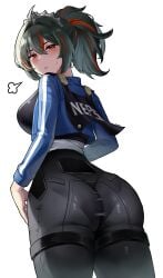 absurdres ass black_outline black_pants blue_jacket blush breasts female high-waist_pants highres holster jacket large_breasts metal_hairband multicolored_hair outline pants police police_uniform policewoman red_eyes red_hair sanfu_(sanfu9800) shoulder_holster small_sweatdrop solo streaked_hair tight_clothes tight_pants zenless_zone_zero zhu_yuan