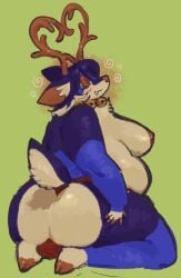 5_fingers anthro antlers ass bell bell_collar belly big_belly biped blue_body blue_hair breasts butt_focus closed_eyes collar deer dildo female fingers hair hi_res horn inner_ear_fluff josh_(serafphim) mammal multicolored_body new_world_deer nipples red_collar reindeer scut_tail serafphim sex_toy short_tail sitting smile solo spiral tail tuft two_tone_body wedgie