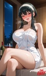 1girls ai_generated bedroom big_breasts black_hair blush blush_lines breasts cleavage completely_nude crossed_legs curvy_body curvy_female curvy_figure dh_lucky drunk female long_hair shower sitting_on_bed solo solo_female spy_x_family steam steaming_body towel towel_only wet wet_body wet_hair wine wine_bottle yor_briar yor_forger