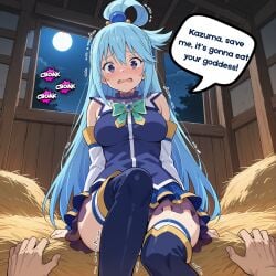 aqua_(konosuba) blue_dress blue_hair clinging giant_toad hay moonlight night pov purple_eyes scared speech_bubble stable thigh-high_boots trembling