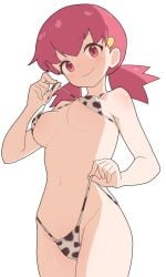bare_arms bare_belly bare_legs bare_shoulders bare_thighs belly_button bikini bikini_bottom_pull bikini_pull bikini_top_pull blush body_blush breasts closed_mouth cow_print_bikini groin hair_ornament hiyoshipow medium_breasts micro_bikini pink_eyes pink_hair pokemon shiny_skin smile thighs twintails underboob whitney_(pokemon)