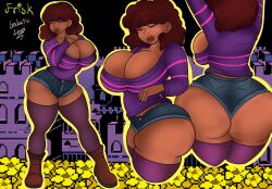 big_ass big_breasts big_butt boots booty booty_shorts breasts brown_body brown_hair brown_skin bubble_butt cleavage cleavage_overflow dark-skinned_female dark_skin ebony_frisk_(undertale)_(character) female female_frisk frisk frisk_(undertale) galacticlewd huge_ass huge_breasts short_hair short_shorts sweater thick_lips thick_thighs thighhighs undertale undertale_(series)