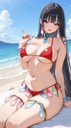 1girls ai_generated background bangs bare_shoulders beach big_breasts bikini bikini_bottom bikini_pull bikini_top black_hair blue_eyes bracelet bracelets breasts cleavage collar commentary_request condom condom_accessories condoms cum_filled_condom day eyeshadow female female_focus female_only filled_condom filled_condoms hair hips lia_the_busty_redhead lipstick long_hair looking_at_viewer makeup midriff nail_polish original original_character outdoors outside red_bikini red_lipstick red_nails seductive seductive_look seductive_pose seductive_smile self_upload sideboob sitting sky solo solo_female solo_focus straight_bangs straight_hair string_bikini suggestive suggestive_gesture suggestive_look suggestive_pose tagme thighlet thighs underboob very_long_hair water
