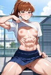 1girls abs ai_generated athletic athletic_female blush brown_hair close-up exhibitionism female flashing flashing_breasts flashing_pussy freckles lifting_shirt lifting_skirt muscles muscular muscular_female naked naked_female no_bra no_panties nude nude_female original original_character outdoors outside pink_nipples ponytail public public_exposure public_indecency public_nudity pussy shiny_skin sweat toned toned_female