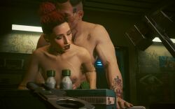 3d cyberpunk_2077 doggy_style female female_v garage jackie_welles male male/female male_penetrating male_penetrating_female red_hair video_game_character video_games