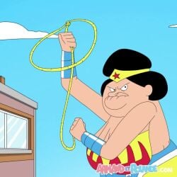 1boy 1girls 2d armand_et_rolande big_breasts breasts cum cumshot dick excessive_cum female_pubic_hair gun large_breasts male_jerk masturbating masturbating_while_watching money_bag moustache pubic_hair rolande_(armand_et_rolande) sagging_breasts shitpost sound tagme video watermark weapon wonder_woman_(cosplay)