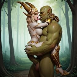 ahe_gao ai_generated alexstrasza alternate_costume anal bald blizzard_entertainment blonde_hair day facing_each_other female forest green-skinned_male green_eyes green_skin holding_up horns light-skinned_female light_skin male male/female muscular muscular_male orc orc_male outdoors white_bodysuit world_of_warcraft