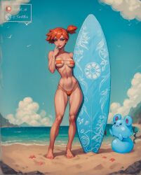 1girls ai_assisted ai_generated aisinful azurill beach bikini breasts eyepatch_bikini female female_only hi_res kasumi_(pokemon) medium_breasts orange_hair pokemon pokemon_(species) solo thick_thighs thighs thong