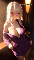ai_generated blush breast_hold breasts cleavage fate/kaleid_liner_prisma_illya female illyasviel_von_einzbern large_breasts long_hair looking_at_viewer meitabuu red_eyes small_breasts smile solo standing white_hair