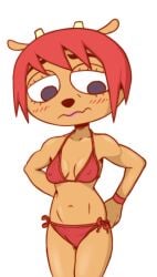 anthro belly belly_button bikini bikini_bottom bikini_top black_eyebrows black_eyes blush breasts collarbone cropped cropped_legs dog_nose dot_eyes female goat_ears goat_horns gummidx japan_studio lammy_lamb medium_breasts midriff orange_fur parappa_the_rapper pink_lipstick red_bikini red_hair red_wristband short_hair sony_interactive_entertainment string_bikini tagme thighs um_jammer_lammy white_background wrinkle wristband