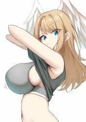 alluring big_breasts blue_eyes blue_pupils breasts brown_hair commentary_request eunie_(xenoblade) female head_wings high_res long_hair looking_at_viewer okazu2010015 removing_clothing sideboob simple_background undressing upper_body white_background wings xenoblade_(series) xenoblade_chronicles_3