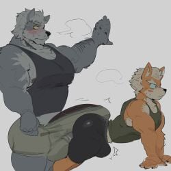 2025 akachionmain anthro anthro_on_anthro areola ass barazoku bent_over biceps big_bulge big_butt big_muscles big_penis blush bodily_fluids bottomwear breath bulge canid canine canis claws clothed clothed_sex clothing duo emanata erection erection_under_clothing exercise eye_patch eyebrows eyewear fox fox_mccloud frown fur genitals grinding hair hi_res huge_bulge huge_cock huge_muscles humanoid_genitalia humanoid_penis male male/male mammal muscular muscular_anthro muscular_male nintendo pecs penis sex sexercise shirt shorts side_view simple_background size_difference standing star_fox stretching surprised_expression sweat tank_top tenting thick_arms thick_thighs tight_clothing topwear tuft white_background wolf wolf_o'donnell