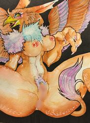 anthro anus avian beak black_background blue_sclera blush breasts brown_feathers censored feathers female gryphon mangus0723 nipples open_mouth princess_crown pussy simple_background solo spread_legs spreading tongue wide_hips wings yellow_eyes