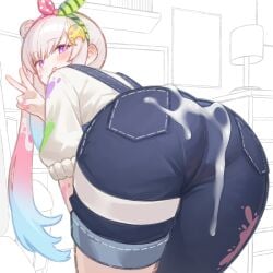 :q absurdres airani_iofifteen airani_iofifteen_(1st_costume) ass ass_focus blue_overalls blush cum cum_on_ass cum_on_body cum_on_clothes english_commentary female gradient_hair hair_bun hair_ornament hair_ribbon highres hololive hololive_indonesia hololive_indonesia_area_15 long_hair looking_at_viewer merrytail multicolored_hair overalls paint_splatter panties pink_hair purple_eyes ribbon shirt solo tongue tongue_out torn_clothes torn_overalls underwear v virtual_youtuber white_panties