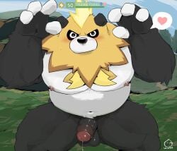 1boy absurdres artist_logo artist_name balls bara bare_pectorals belly biceps blush english_commentary fat foreskin furry furry_male heart highres logo looking_at_viewer male mossanda_lux navel nipples pal_(species) palworld pectorals penis plump precum speech_bubble spoken_heart testicles uncircumcised warr_(youdil1004)