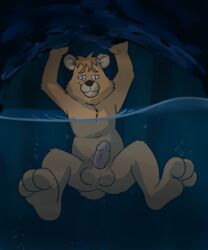 air_bubble anthro balls barefoot bear cave erection front_view hi_res humanoid_penis looking_at_viewer male male_only mammal nude paintfox partially_submerged partially_underwater_shot penis peril raised_arm solo teddy_ruxpin underground underwater