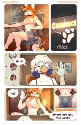 absurd_res anthro avian bird birdie_blue blue_eyes breasts budgerigar camera canid canine canis comic crotch_lines crotch_shot dialogue domestic_dog duo elie-s_den female female/female hair hi_res husky linahusky loriinae mammal navel nordic_sled_dog orange_hair parakeet parrot spitz text true_parrot under_boob webcam zoom_in