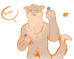 anthro condom dialogue dog_tags english_text flaccid front_view holding_condom holding_object male male_only mammal mustelid nude one_eye_closed otter penis penis_base pubes signature simple_background solo speech_bubble standing text tohfu whiskers white_background wink