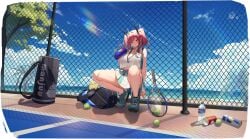 ahoge azur_lane bag bare_shoulders beach blue_sky blush bottle breasts bremerton_(azur_lane) bremerton_(scorching-hot_training)_(azur_lane) cg chain-link_fence cleavage cloud crop_top crop_top_overhang day female fence full_body grey_hair hair_between_eyes hair_intakes hair_ornament hairbow hairclip heart heart_necklace holding holding_bottle jewelry large_breasts long_hair looking_at_viewer manjuu_(azur_lane) midriff mole mole_under_eye multicolored_hair necklace ocean official_alternate_costume official_art outdoors pink_eyes pink_hair pleated_skirt red_eyes red_hair scenery shadow shirt shoes sidelocks sitting skirt sky sleeveless sleeveless_shirt smile sneakers solo squatting streaked_hair thighs tree twintails two-tone_hair two-tone_shirt two-tone_skirt underwear water_bottle white_shirt white_skirt x_hair_ornament