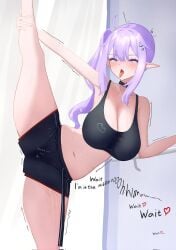 1girls ahe_gao big_breasts cleavage dialogue eepy_sleepy elf elf_ears elf_female english_text female fienly gym_clothes gym_shorts leg_lift leg_up masturbation phase_connect phase_invaders_quest pleasure_face pointy_ears purple_hair pussy_juice pussy_juice_stain pussy_juice_trail shorts side_ponytail sports_bra sports_shorts sportswear stretching text tongue tongue_out vibrator virtual_youtuber wet_pussy workout_clothes