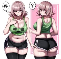 1girls ? ass_focus back_view big_ass big_breasts big_butt boobs_focus breasts breasts_focus butt_focus chubby chubby_female creeper_face danganronpa danganronpa_2:_goodbye_despair food front_view gamer_girl nanami_chiaki pink_eyes pink_hair pocky pocky_in_mouth rageman709 short_hair shorts