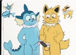 anthro anthrofied balls biped blue_body blush blush_lines cute_fangs duo eeveelution erection fangs fish_tail frottage fur generation_1_pokemon genitals hi_res humanoid_genitalia humanoid_penis jolteon male male/male nighttime_fishy nintendo nude penile penis pokemon pokemon_(species) pokemorph pubes sex smile smug teeth touching_tips vaporeon yellow_body yellow_fur