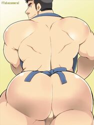 1boy apron ass back_muscles balls bara bara_ass big_ass big_ass_(male) big_butt big_thighs black_hair brown_eyes bubble_ass bubble_butt butt censored color cooking dat_ass dat_butt dumptruck_ass dumptruck_butt fat_ass fat_butt gay huge_ass huge_butt large_ass large_butt looking_at_viewer looking_back looking_over_shoulder male male_only massive_ass massive_butt mostly_nude muscle_ass muscle_butt muscular muscular_ass muscular_butt naughty_face pale-skinned_male pale_skin perineum plump_ass plump_butt presenting_hindquarters round_ass round_butt shiny_skin sideburns smile solo stubble suggestive takezamurai testicles yaoi