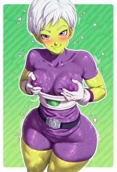 ai_generated alien alien_girl alien_humanoid areola areola_slip areolae armor belt big_thighs blush blush bodysuit breasts cheelai colored_skin dragon_ball dragon_ball_super enormous_thighs gloves grabbing_own_breast green_skin huge_thighs massive_thighs nipples nipples_visible_through_clothing purple_eyes seductive seductive_look short_hair smirk smirking sweat sweaty sweaty_body thick thick_thighs thighs white_hair zeca997