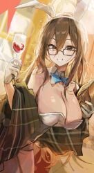 akane_(blue_archive) akane_(bunny)_(blue_archive) animal_ears blance blue_archive blue_bow blue_bowtie bow bowtie breasts brown_eyes brown_hair cleavage cowboy_shot cup detached_collar fake_animal_ears female glasses gloves grin hair_between_eyes halo highres holding holding_cup large_breasts leotard long_hair looking_at_viewer official_alternate_costume playboy_bunny rabbit_ears smile solo white_gloves white_leotard yellow_halo