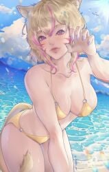 animal_ears animal_tail bangs beach bikini blonde_hair blue_sky breasts brown_hair cat_tail claw_pose cleavage cloud collarbone day female fingernails large_breasts looking_at_viewer multicolored_hair nail_polish o-ring o-ring_bikini o-ring_bottom o-ring_top ocean outdoors pink_nails short_hair sky solo squchan_(vtuber) streaked_hair swimsuit tail vyugen water yellow_bikini